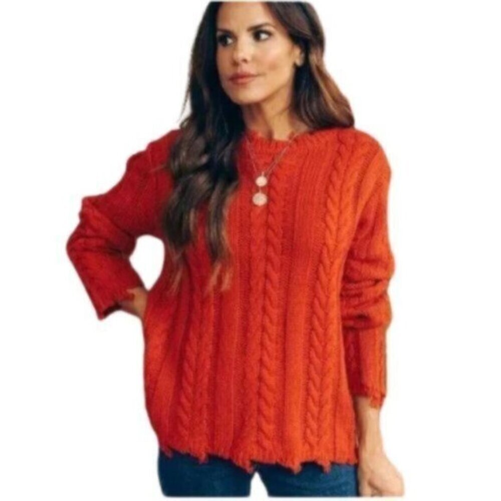 Honey Punch | Burnt Orange Distressed Cable Knit Sweater Size Small